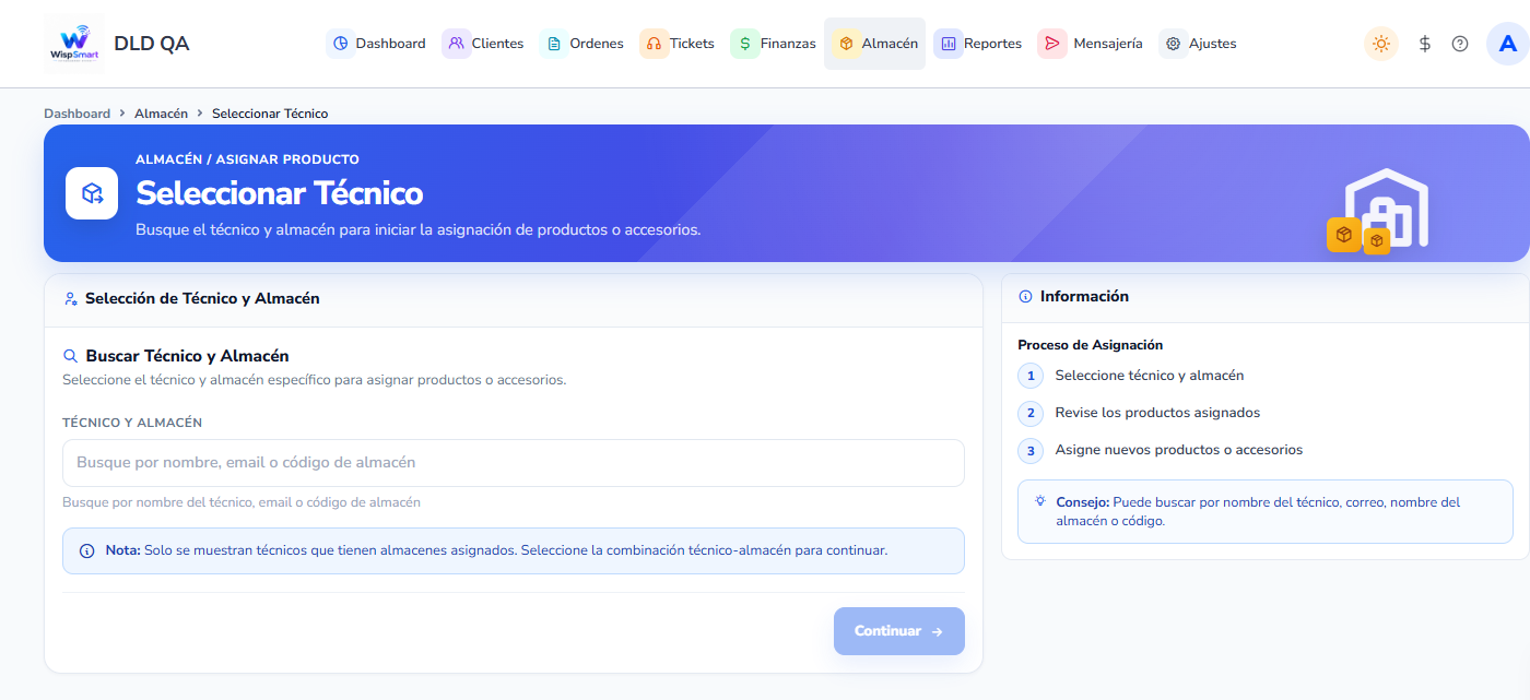 Vista: Asignación de material