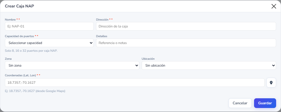Formulario: Nueva Caja NAP
