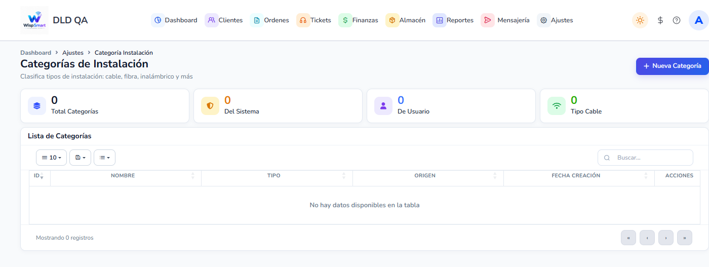 Vista: Categorías de Instalación