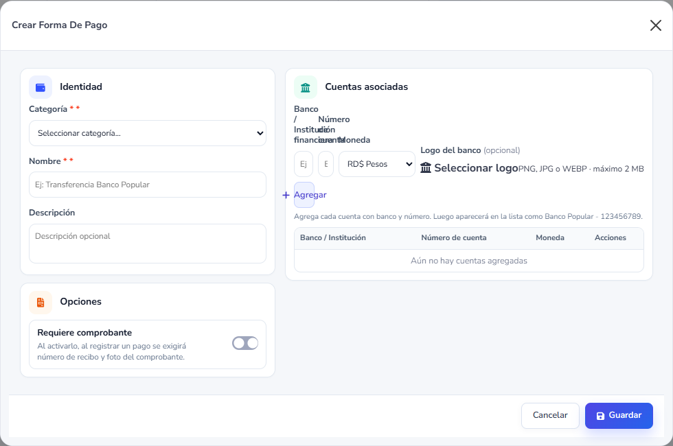Formulario: Nueva Forma de Pago