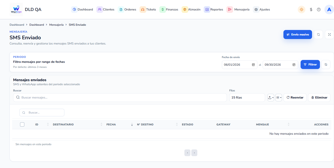 Vista: Mensajes, SMS y correos al cliente