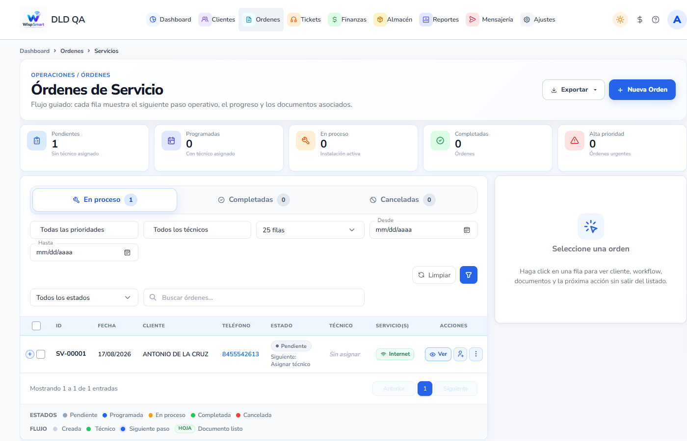 Vista: listado de órdenes de servicio