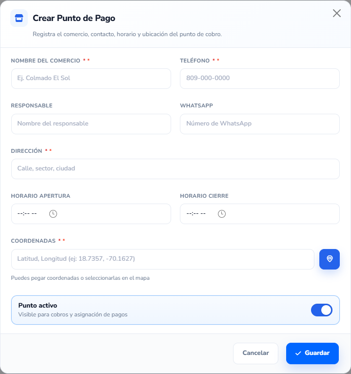 Formulario: Nuevo Punto
