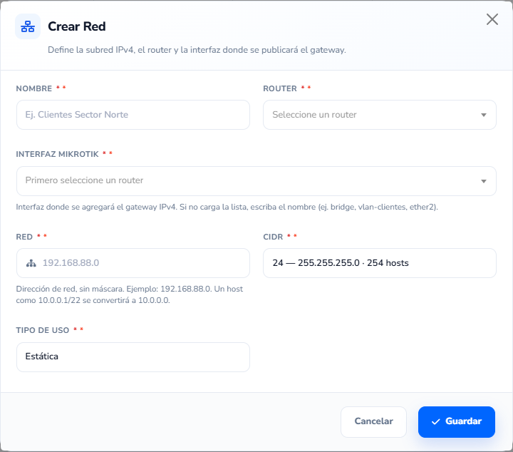 Formulario: Nueva Red