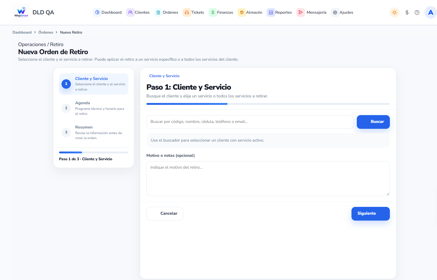 Vista: Retiros de servicio